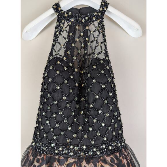 Rachel Allan 4072 Animal Print Beaded Halter Cocktail Prom Dress Tulle Black 8 - Picture 4 of 16